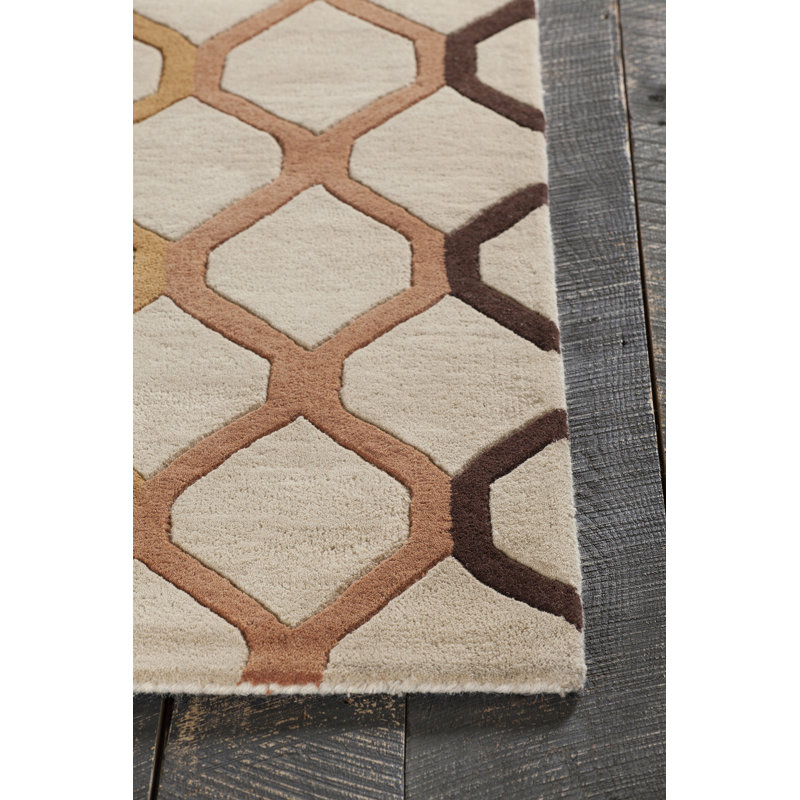 Tapis géométrique en laine touffeté à la main vert, bleu, noir, orange, brun et brun clair Rowe, 7 pi 9 po x 10 pi 6 po