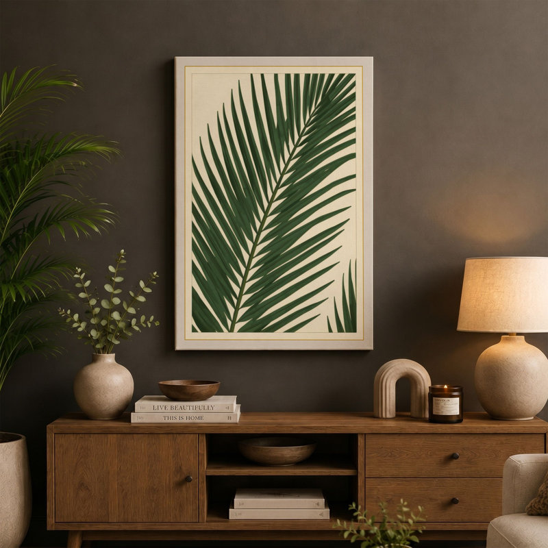 Single Palm Frond Botanical - Wrapped Canvas, 30x20 - 76.2 x 50.8 cm, Terracotta Border