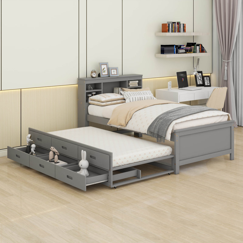 Lit plateforme simple, 3 tiroirs de rangement et tête de lit bibliothèque avec prises USB, cadre de lit de rangement simple en bois