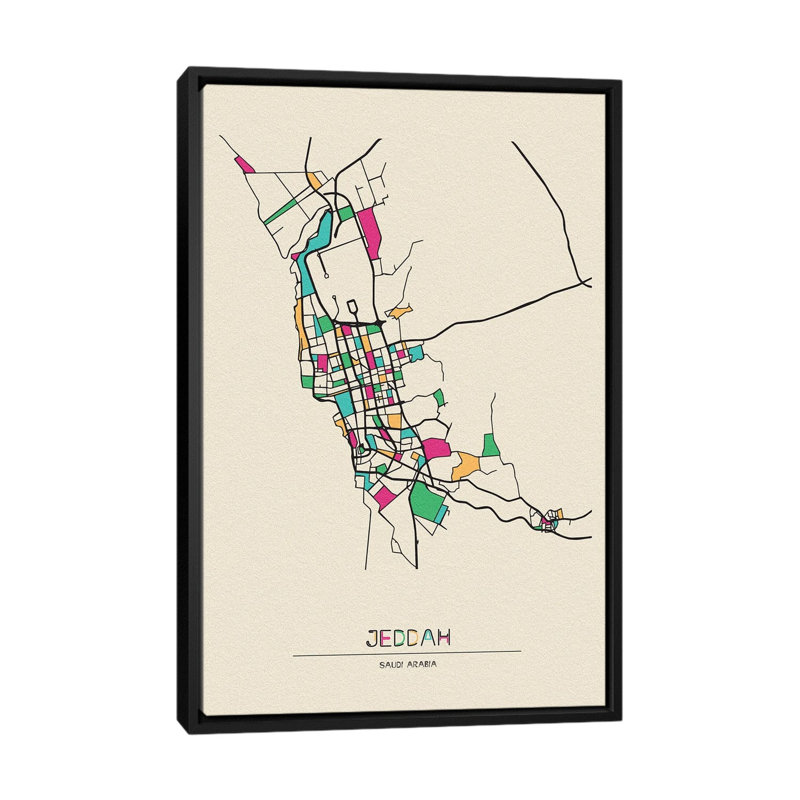 Jeddah, Saudi Arabia Map by Ayse Deniz Akerman - Floater Frame Print on Canvas, Black Floater Frame, 101.6 cm H x 66.04 cm W