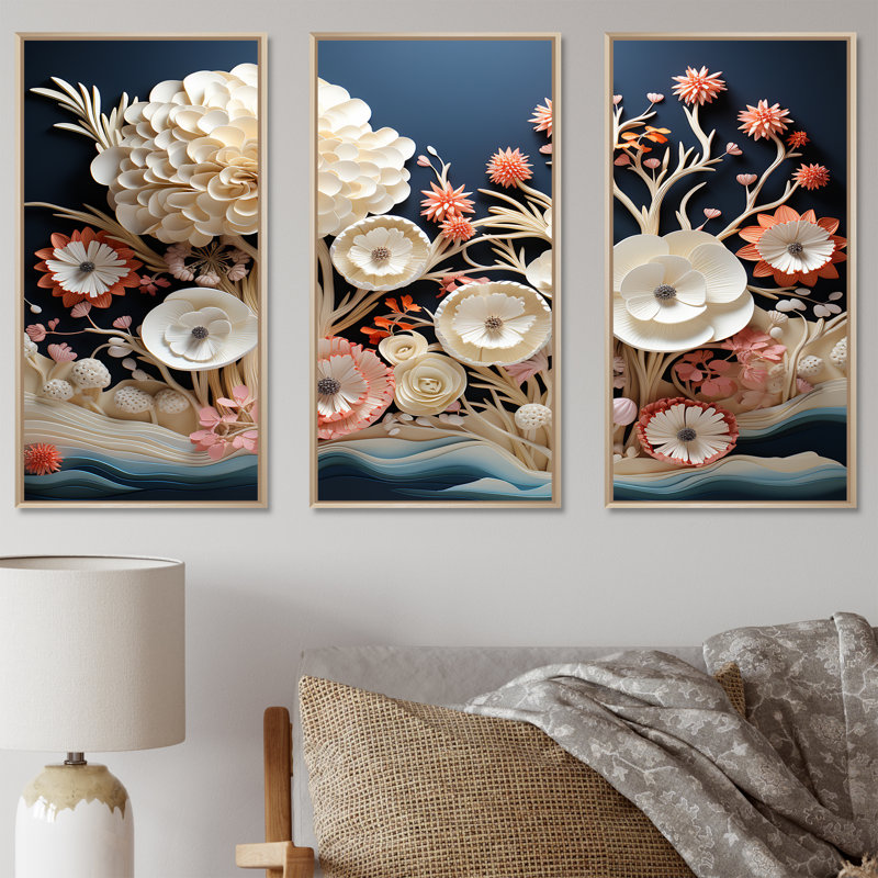 Fleurs de corail - ensemble d'art sur toile corail sous l'eau, Cadre naturel flottant, H 32 po x l 48 po x P 1 po