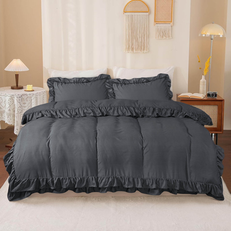 DUVET FRILL Microfiber Solid Colour Duvet Cover with Pillowcases, Single Duvet Cover + 1 Standard Pillowcase, Black