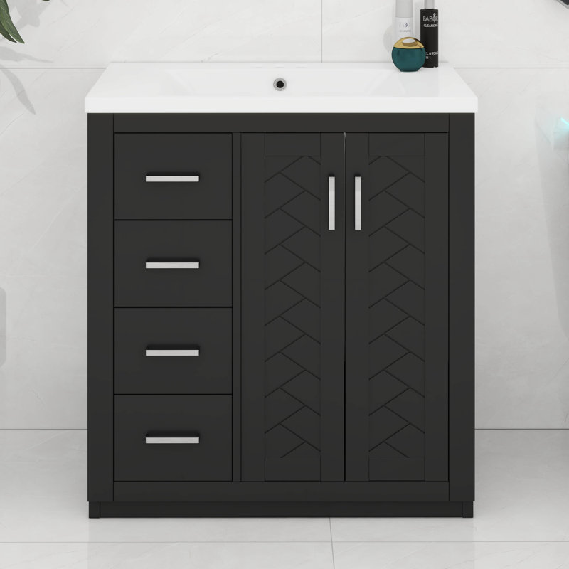 Ensemble de meuble-lavabo 30 po avec lavabo en céramique, 3 tiroirs et portes à fermeture douce, Noir, Argent argent