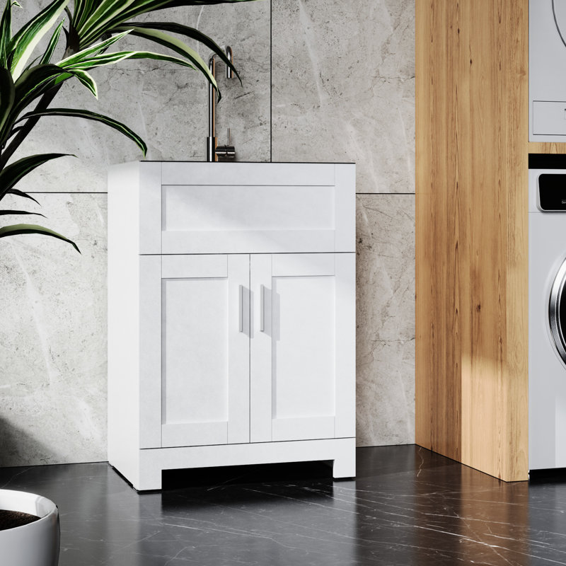 Armoire de cuve à lessive blanche 24 po - Lavabo en acier inoxydable et robinet robuste - Méthode d'installation sans effort