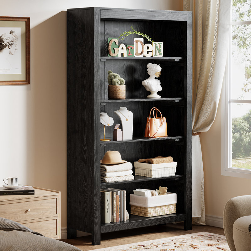 Rustic Solid Wood 5-Shelf Bookcase - Farmhouse Style Open Storage Shelving Unit For Living Room/Office, Black