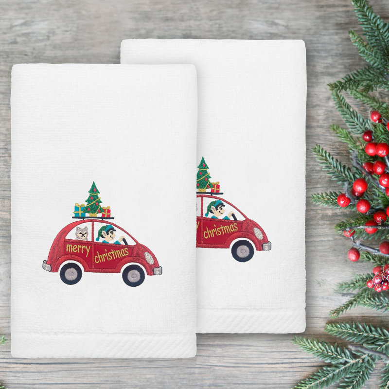 La voiture de Noël Holiday Aisle® - Essuie-mains brodés 100% coton de luxe (ensemble de 2), Blanc / Blanc