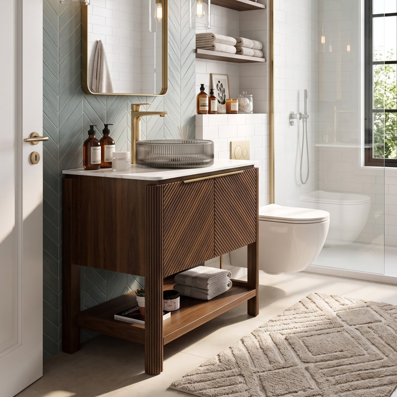 Meuble-lavabo autoportant avec lavabo et portes rayées diagonales