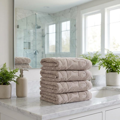Ensemble de quatre serviettes de toilette en coton turc brun à motif floral, 40 x 75 cm