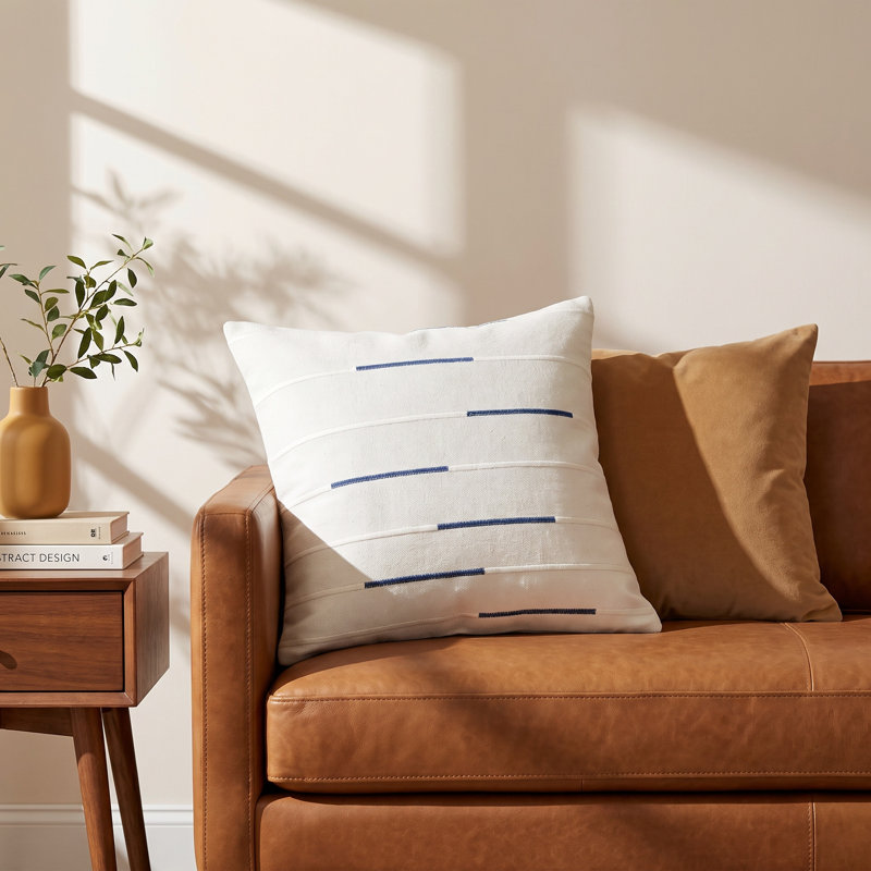 Oda Embroidered Cotton Throw Pillow, Ivory/Dark Blue