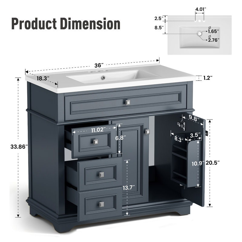 Meuble-lavabo sur pied 36 po avec comptoir en céramique et lavabo intégré 36 po, Bleu gris anthracite, 36"