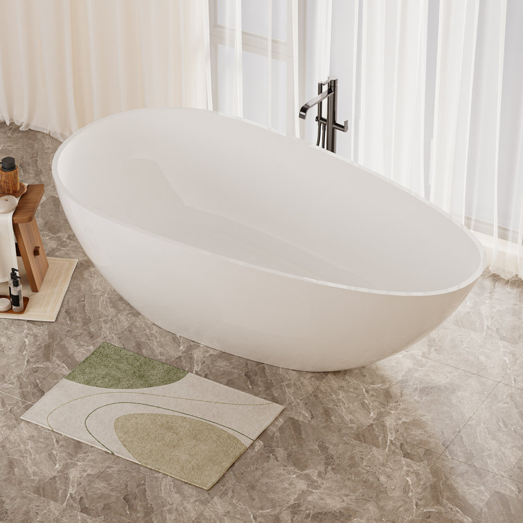 59" x 31" Solid Surface Resin Freestanding Soaking Bathtub with Overflow and Pop-Up Drain, Gloss/Matte White