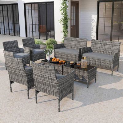 Ensemble de 8 meubles de patio avec coussins lavables et table basse en verre trempé gris