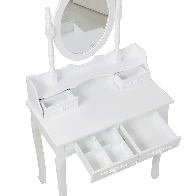 Princess Vanity Desk Set with Mirror & Cushioned Stool, Dressing Table with Ample Storage, No, White