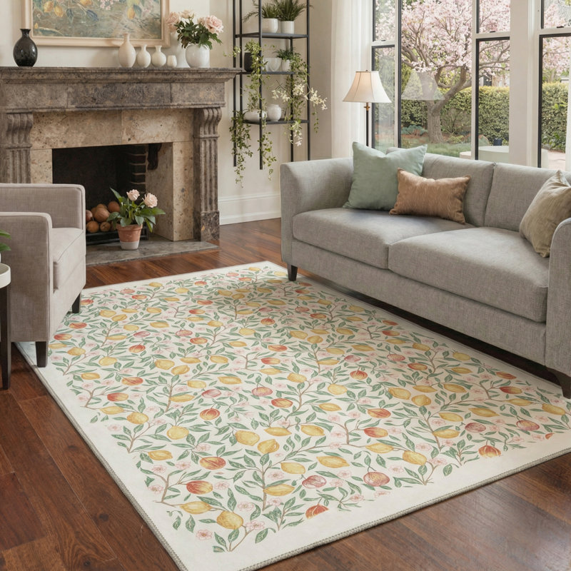 Fruition Floral Machine Washable Warm Ivory Indoor Area Rug With Non-Slip Backing, Rectangle 8' x 10'