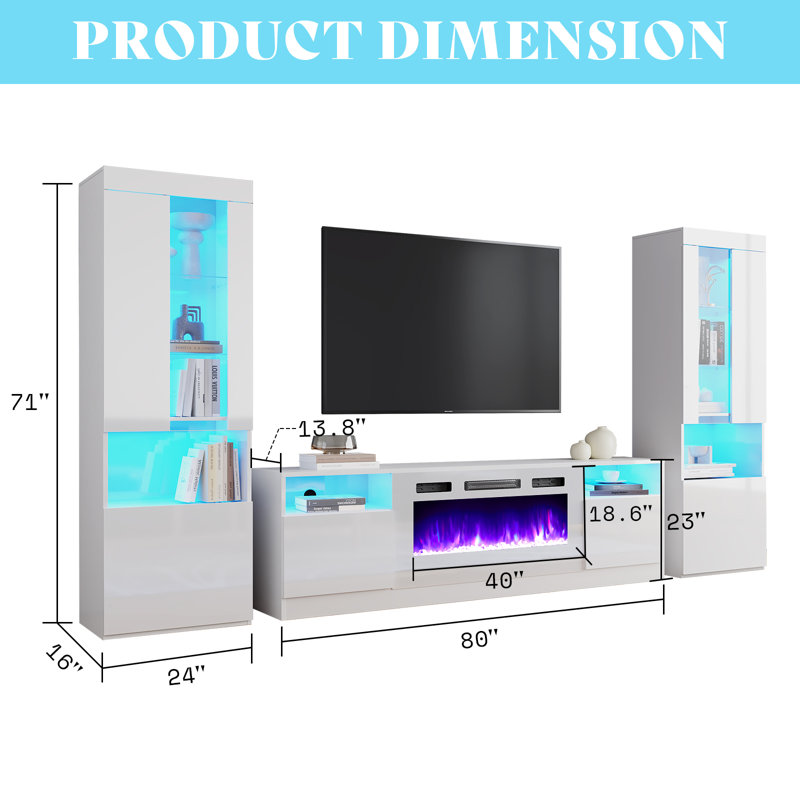 Bhhatu High Gloss Entertainment Center with Fireplace, White, 71”H x 128”L x 16”W