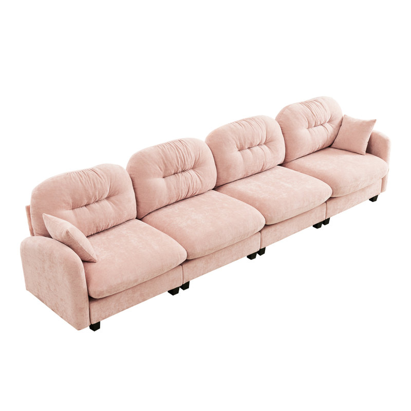 Canapé modulaire à quatre places en chenille rose avec combinaison flexible, mousse haute densité, coussins, 2 coussins décoratifs pour chambre à coucher, aménagement, éponge de résilience, espaces de lecture