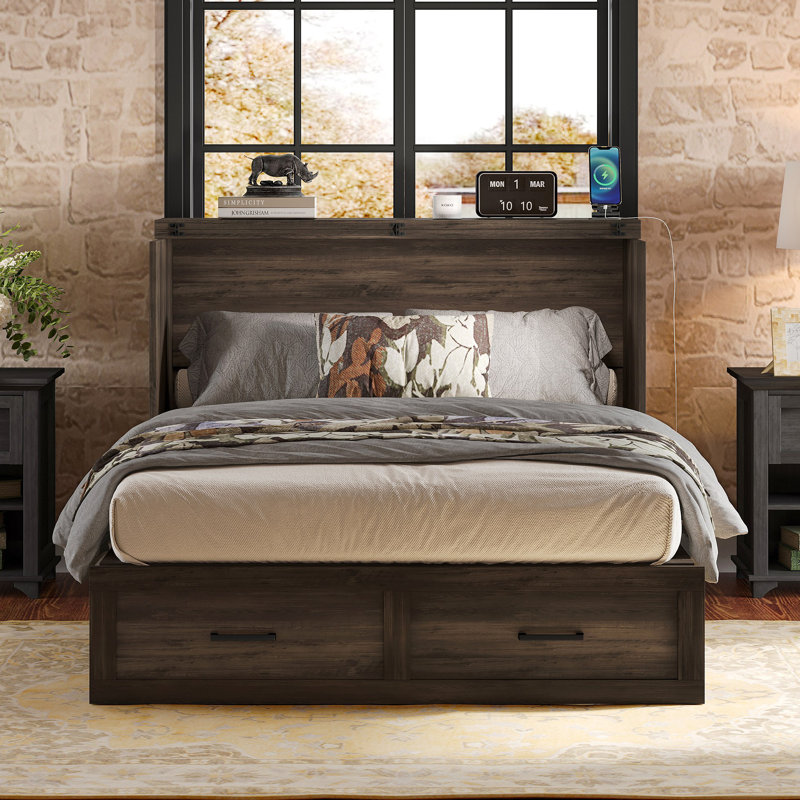 Lit plateforme escamotable Farmhouse avec station de charge Lit plateforme pliable avec grand tiroir de rangement pour chambre d'amis