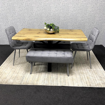 Wooden Brown Dining Table with 2 Velvet Chairs and 2 Grey Padded Benches, Dining Room Furniture