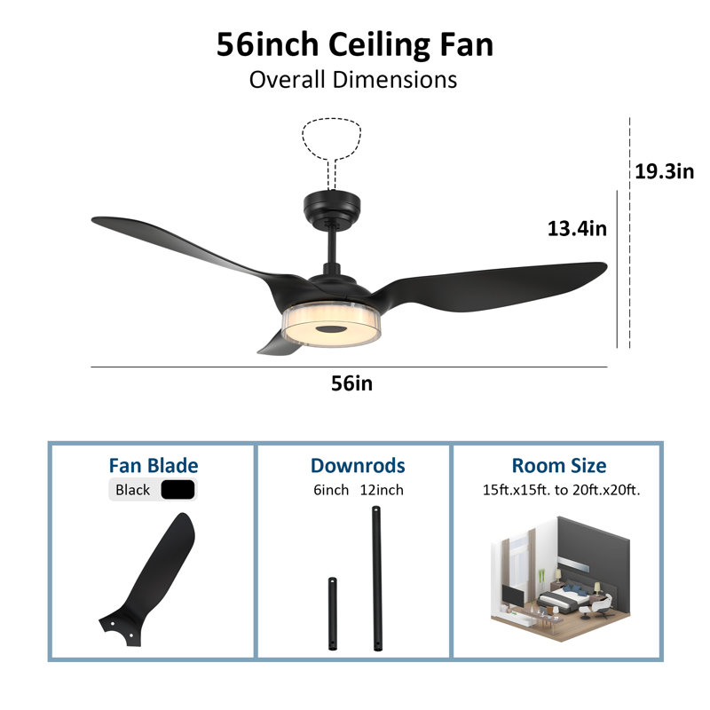 Amonii 56'' Ceiling Fan with LED Lights, Black