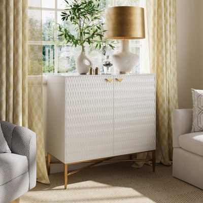 Modern White 2 - Door Accent Cabinet With Tapered Metal Feet, Straight Lines And A Contemporary Aesthetic, Raised Diamond Pattern, Elegant Brass Legs, Adjustable Pegs, Fast Build, Adds Storage To