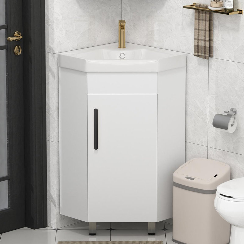 17" Freestanding Corner Single Bathroom Vanity With Ceramic Sink Top-Mirror Cabinet Not Included, White
