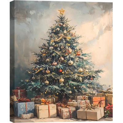 Art mural rétro encadré sur toile, arbre rustique hivernal à feuilles persistantes, arbre de pin avec cadeaux, décoration murale pour la cuisine, la salle de bain, la décoration de chambre parfaite pour l'hiver, décoration de Noël