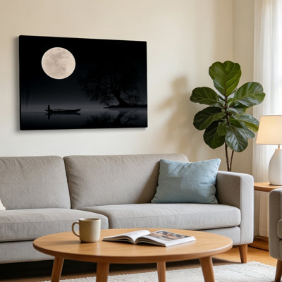 Minimalist Full Moon Boat Canvas Wall Art   32*24 inch- Living Room Decor