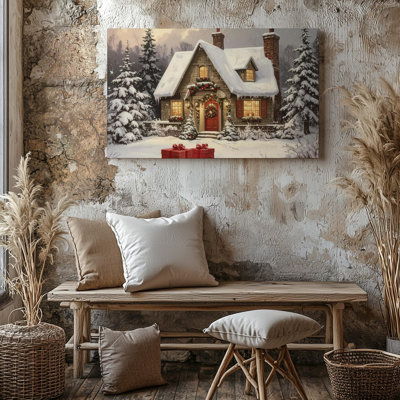 Canvas Wall Art Cozy Christmas Cottage Snowy Storybook Home With Warm Lights Ready To Hang Gallery Wrapped Home Decor Modern Design