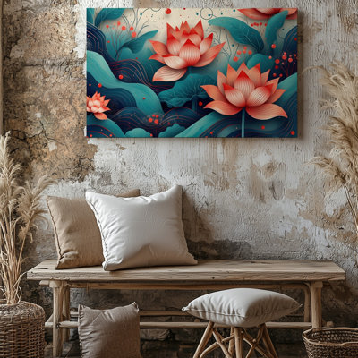 Toile, composition vibrante et minutieusement détaillée mettant en vedette de grandes fleurs de lotus en fleurs dans des tons de corail et d'orange