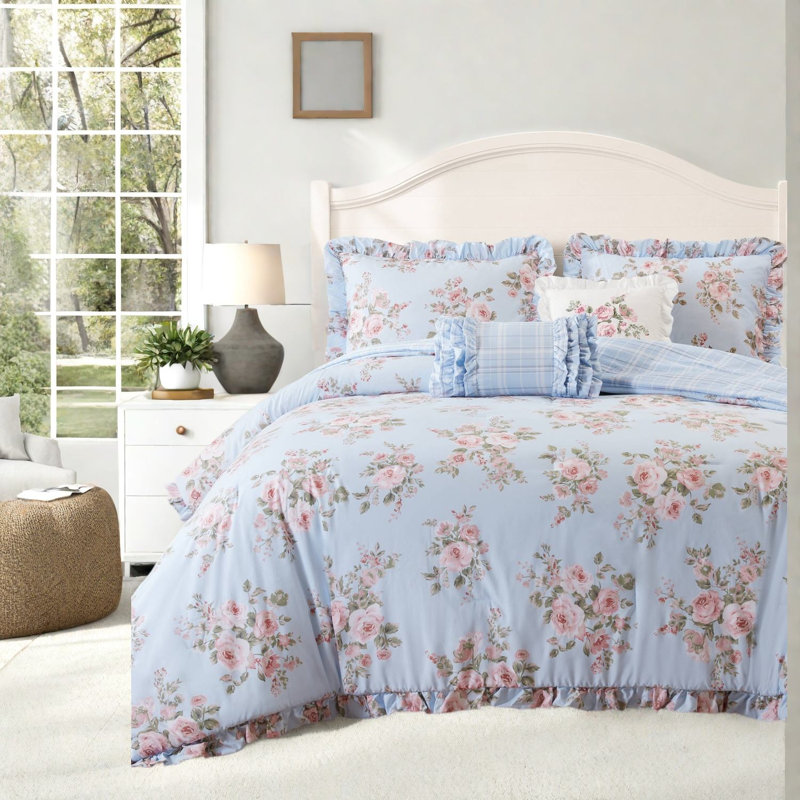 Checkered and Floral Comforter Set