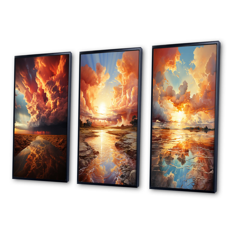 «Storm Clouds Mystical Embrace», 3 pièces sur toile, Cadre noir, H 32 po x l 48 po