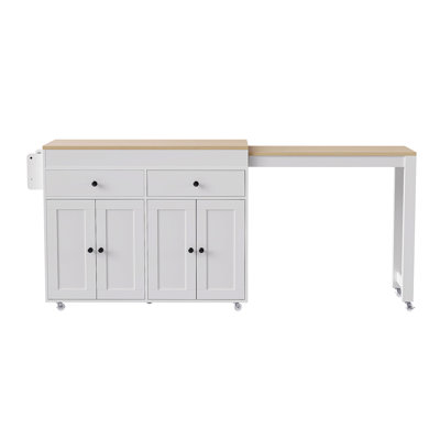 K&K 74.5 Inch Kitchen Island With Extendable Dining Table , Rolling Kitchen Island On Wheels With Spice Rack And 2 Drawers,  Kitchen Storage Cart With 4 Door Cabinet, For Kitchen, Dining Room, White