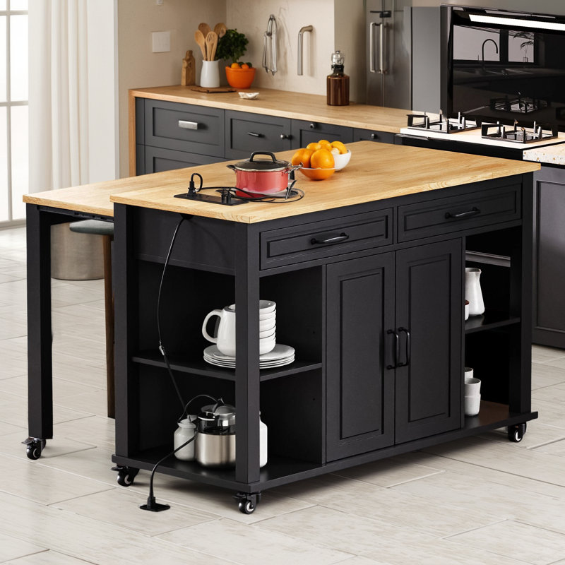 47-inch Kitchen Island (black): With Extendable Dining Table, Rubberwood Veneer, Includes Internal Storage Shelves, Electrical Outlets, 2 Drawers And 2 Cabinets For Storage.