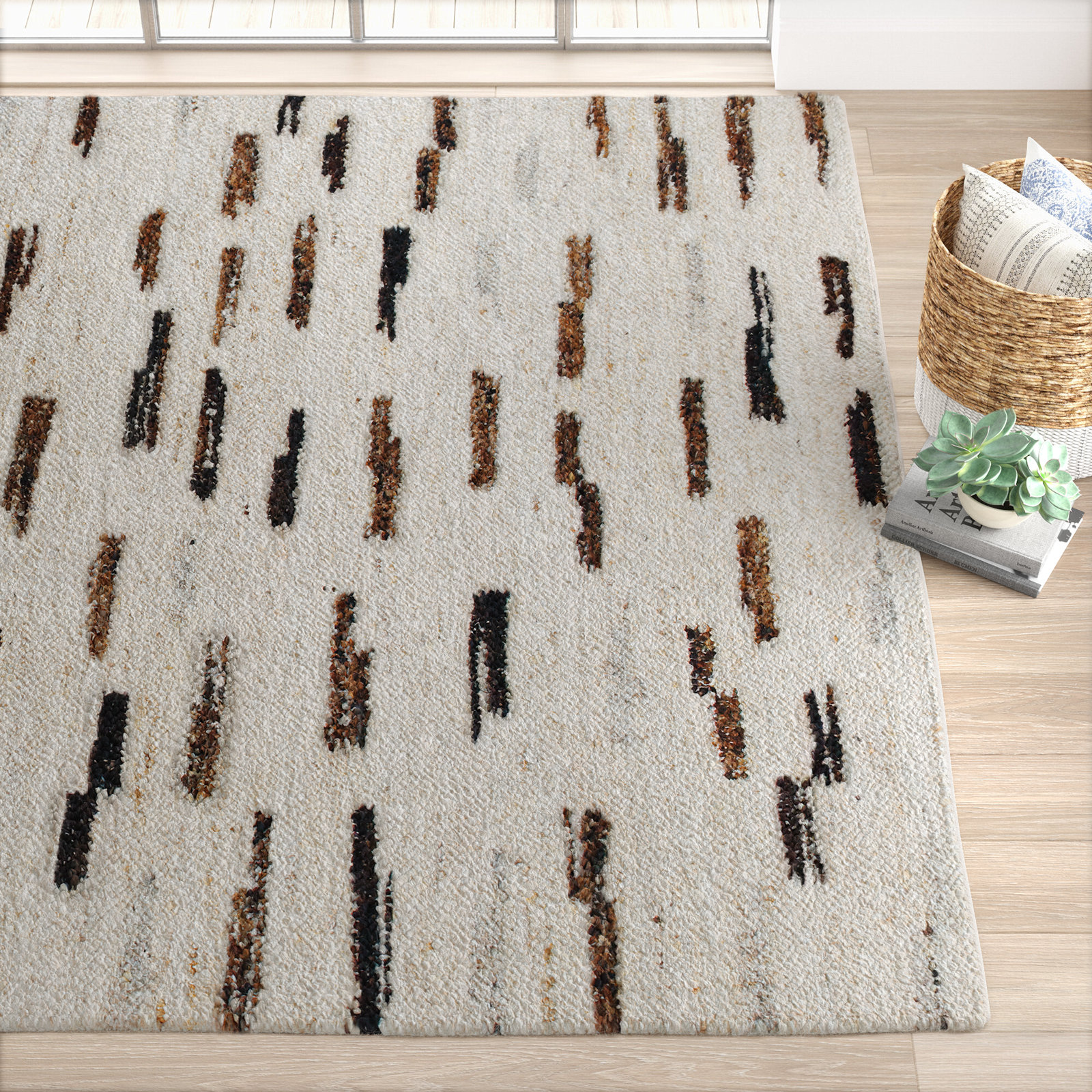 Cramerton Black Brown Beige Hand-Woven Striped Rug, Rectangle 9' x 12'