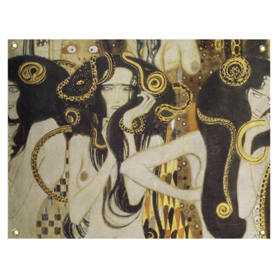 Wall Tapestry with Gustav Klimt's Beethoven Frieze – Vivid Polyester, Hand-Finished, Outdoor-Ready
