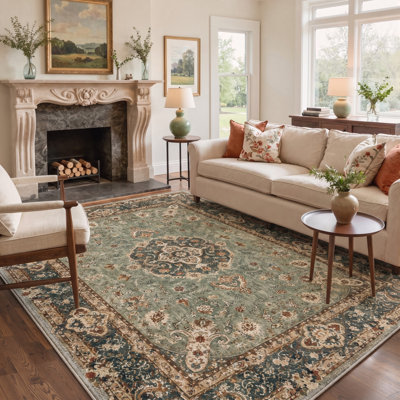 Tapis oriental traditionnel vert/beige à poils courts, lavable et antidérapant