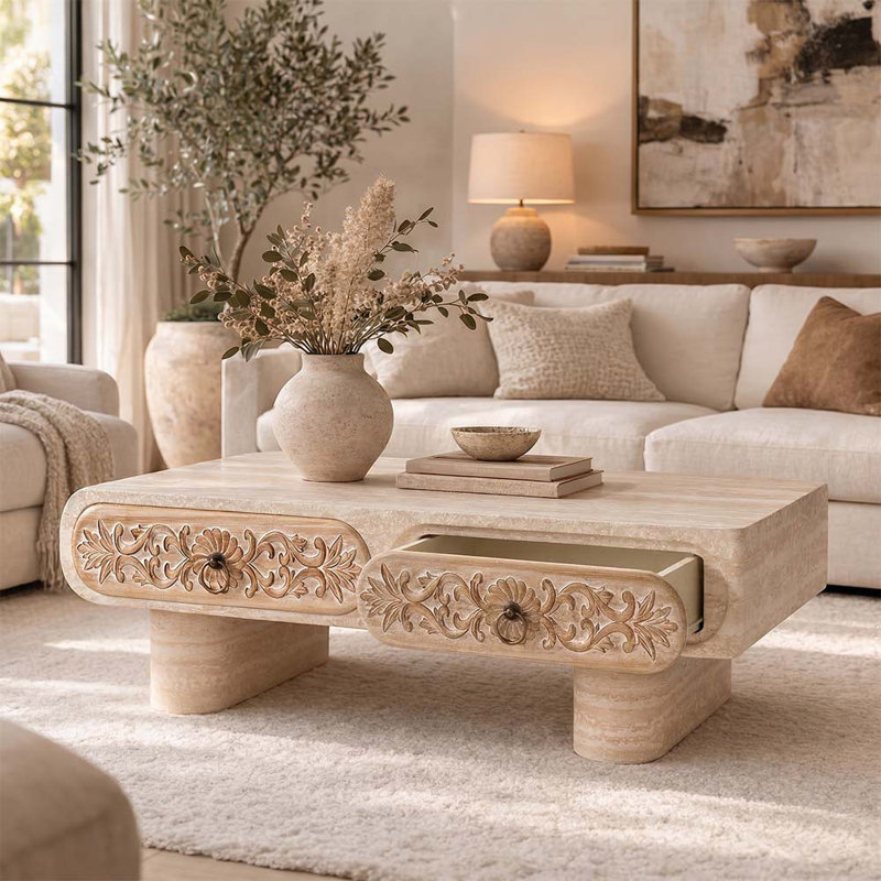 39.4" Modern Rounded Edge Coffee Table With Hand-Carved Flower Pattern Drawers And Thick Cylindrical Legs(Beige)