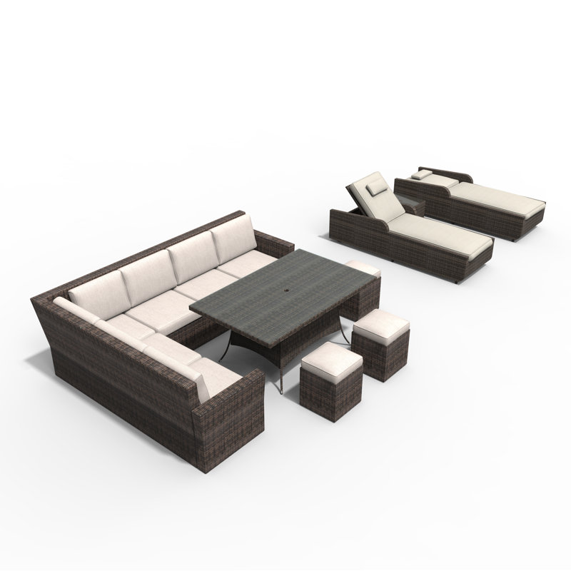 Ensemble de conversation modulaire en rotin 11 pièces avec coussins, Brun / beige