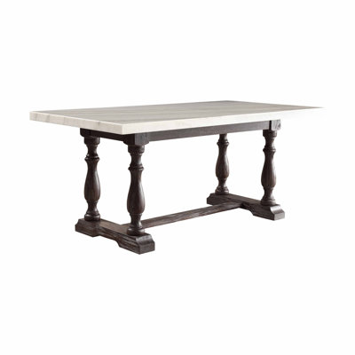 Table de salle à manger 72 "en marbre blanc et gris et tréteaux en bois massif