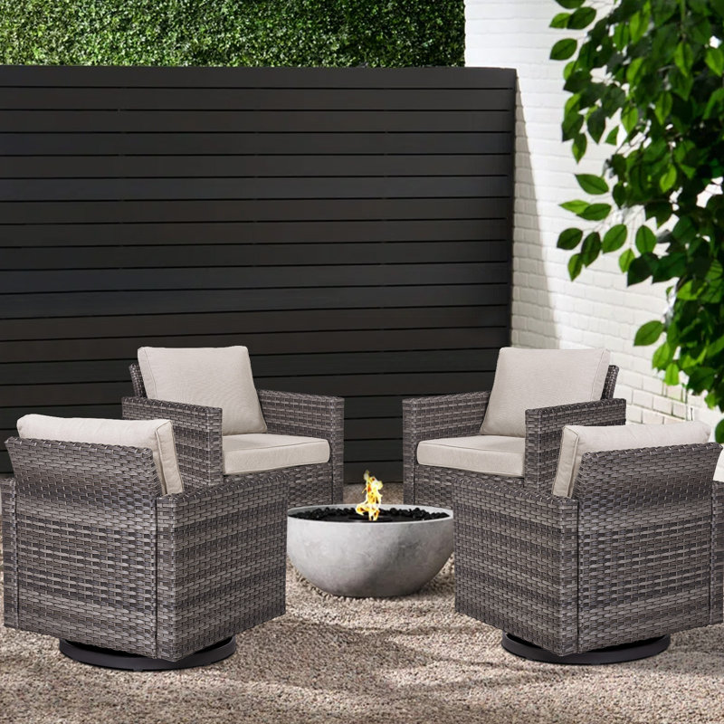 Chaises de patio berçantes pivotantes en osier avec coussins Ingvald (ensemble de 4), Gris, Beige