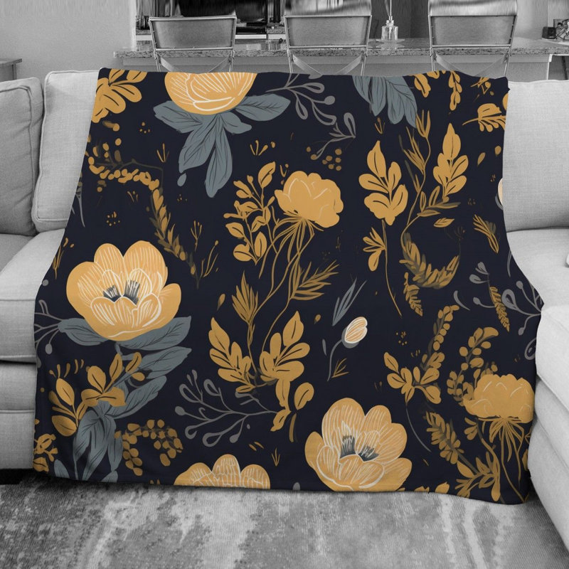 Jeté floral en molleton, L 68 po x L 80 po, Or / bleu marine floral