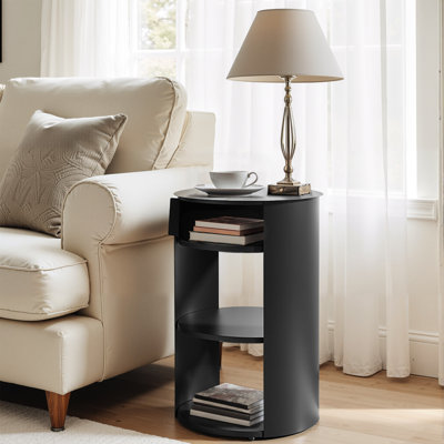 Table d'appoint ronde d'intérieur en métal à 3 niveaux avec armoire à porte coulissante, noir mat