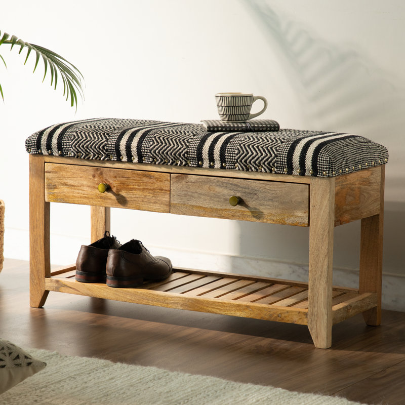 Iyaas Cotton Upholstered Storage Bench, Black/White