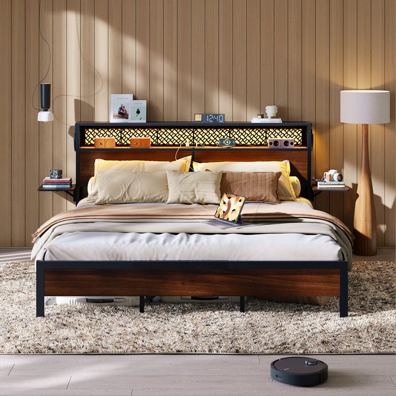 Full Size Walnut Metal Bed Frame with LED Storage Headboard