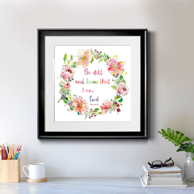 Floral Scripture Wreath I - cadre photo, impression d'art textuel sur papier, Papier encadré noir