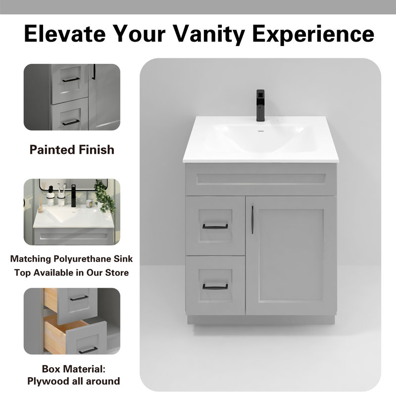 30'' Bathroom Vanity Sink Base with Drawers Cabinet in Light Grey Shaker