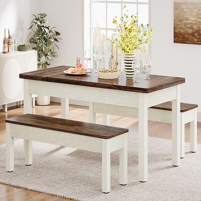 Ensemble de table de salle à manger 55 pièces 3 pièces pour 4-6 personnes - Table de salle à manger et de cuisine peu encombrante avec 2 bancs rentrants - Mobilier rustique en bois et métal pour petits espaces