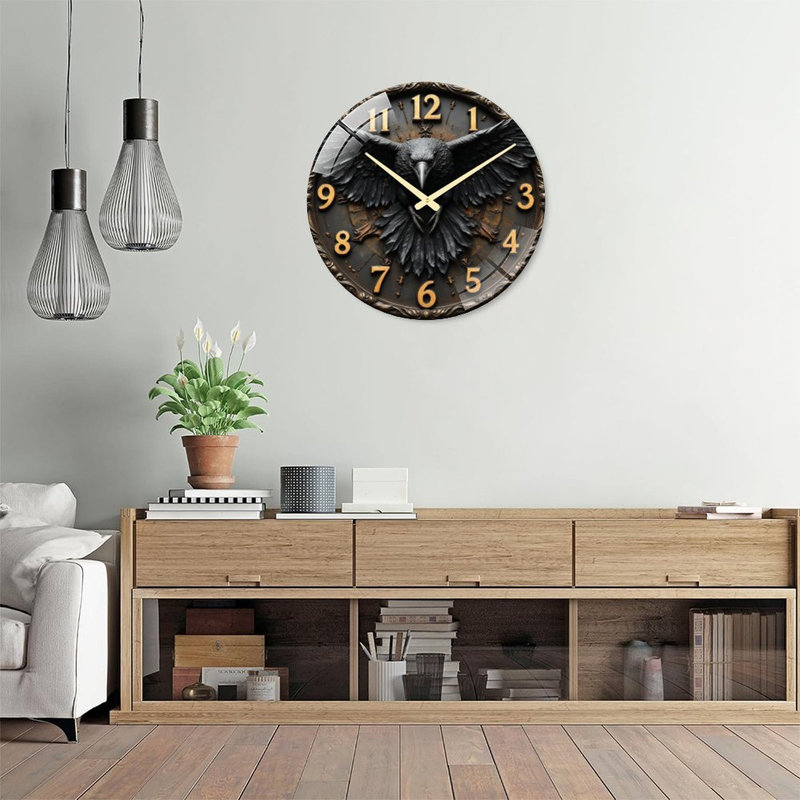 Raven Wall Clock Art - 24‘’ Modern Glass Wall Clock