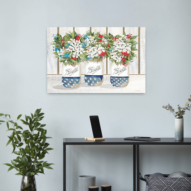 Art floral contemporain rouge, blanc et bleu, H 16 po x l 24 po
