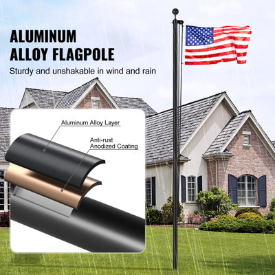 Ensemble de mât de drapeau sectionnel de 7,6 m (25 pi), mâts robustes en alliage d'aluminium à planter dans le sol pour l'extérieur, 3 modes d'affichage, drapeau américain 90 x 150 cm (3 x 5 pi), accessoires professionnels, noir